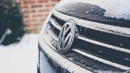 closeup of vw grill frozen from winter ice
