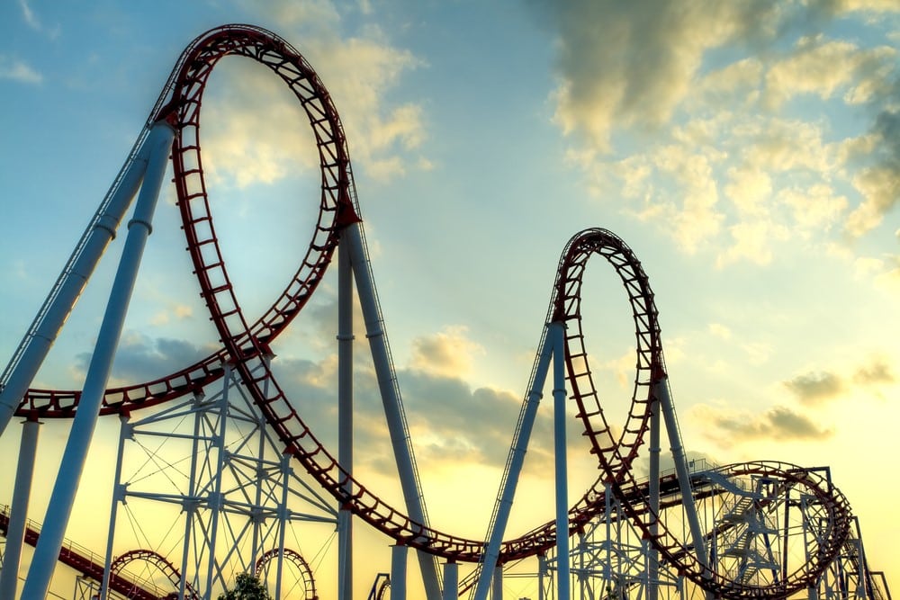 A roller coaster with two loop-de-loops against a late-afternoon sky