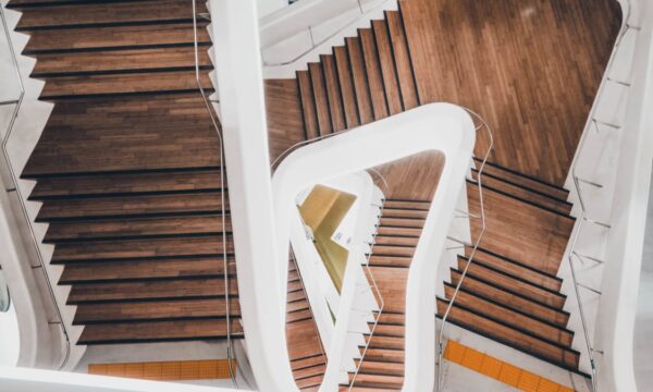 birds eye view of angled wooden staircase