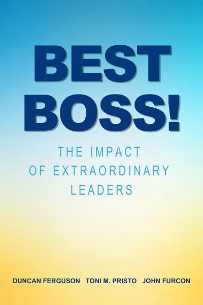 Cover of "Best Boss" book: sky-blue to yellow gradient with "Best Boss! The Impact of Extraordinary Leaders" written in blue text.